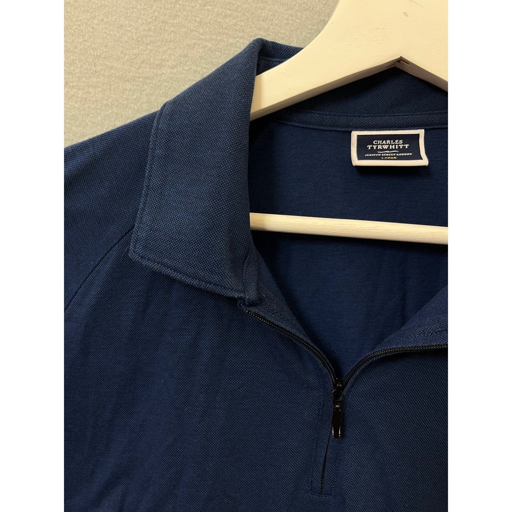 Charles Tyrwhitt Mens Navy Blue Cotton Tencel Quarter Zip Polo Shirt Large